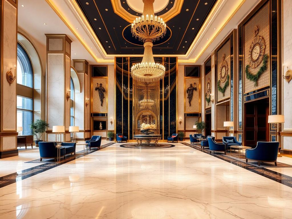 Grand lobby with marble floors, chandeliers and navy and gold interior