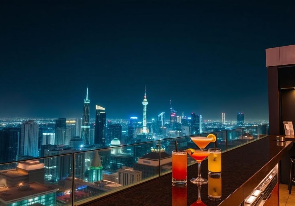 Rooftop bar with city skyline