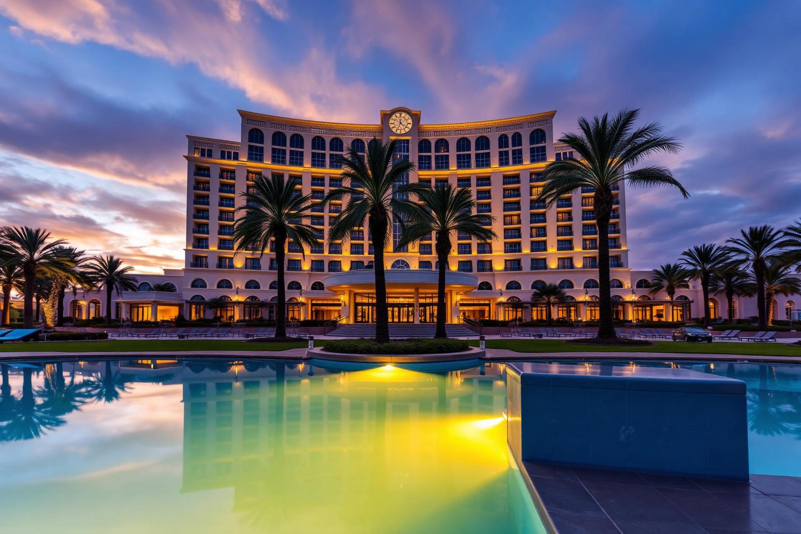 Grand Horizon Hotel illuminated at dusk with reflecting pool